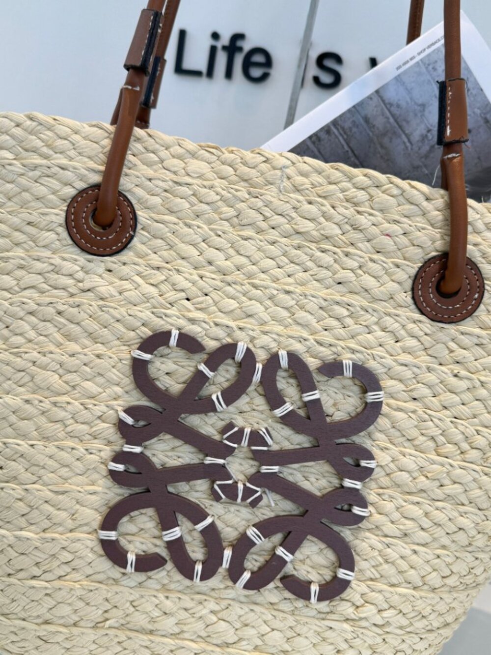 Loewe Natural Straw Tote with Brown Leather Handles and Purple Anagram - Picture 7 of 7